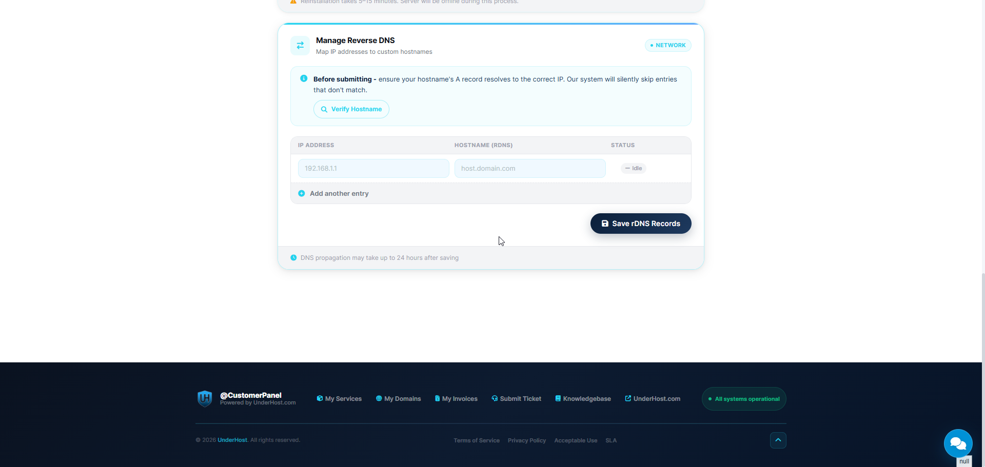 CustomerPanel service page showing the rDNS option under Server Management